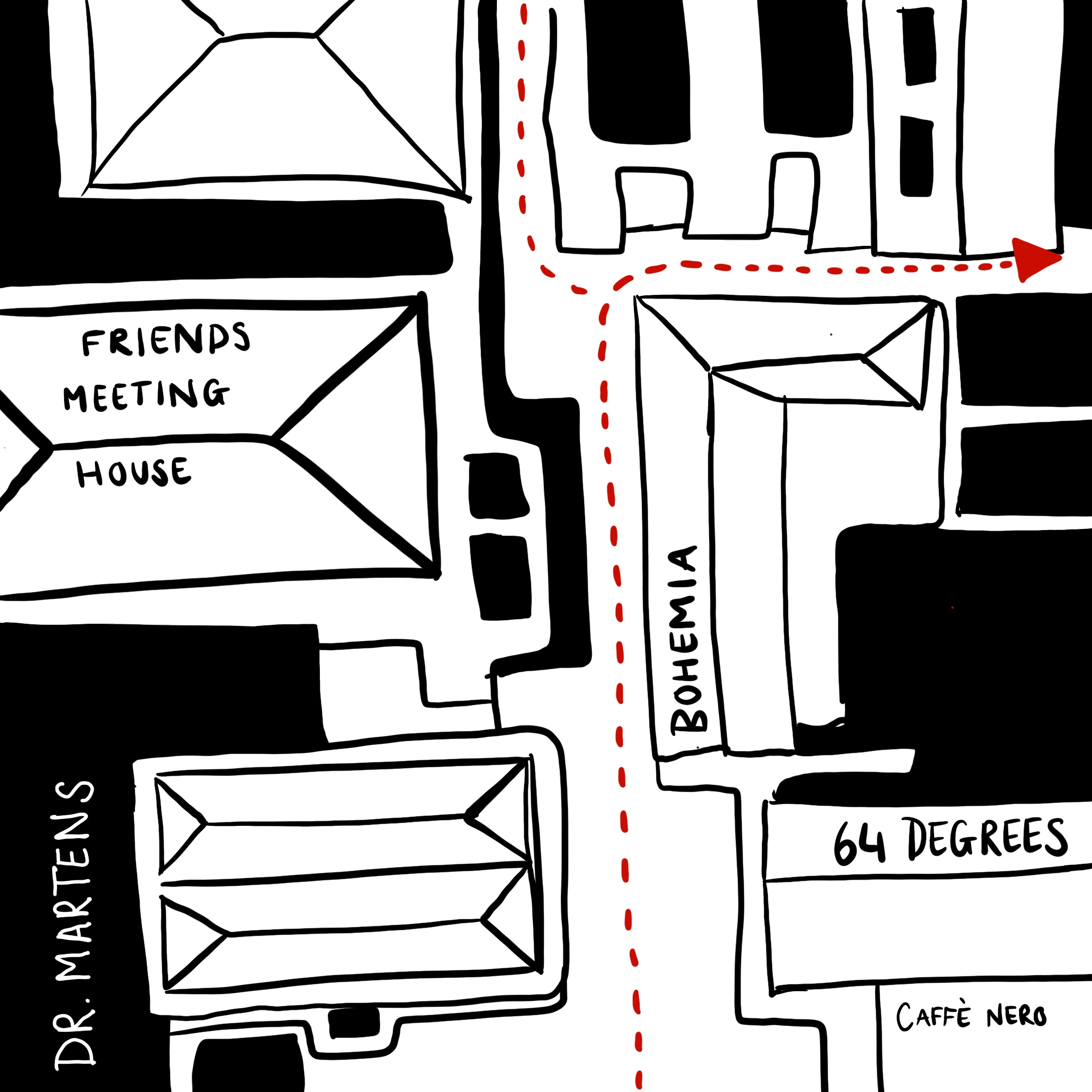 Illustrated map artwork showing the streets around Meeting House Lane in Brighton