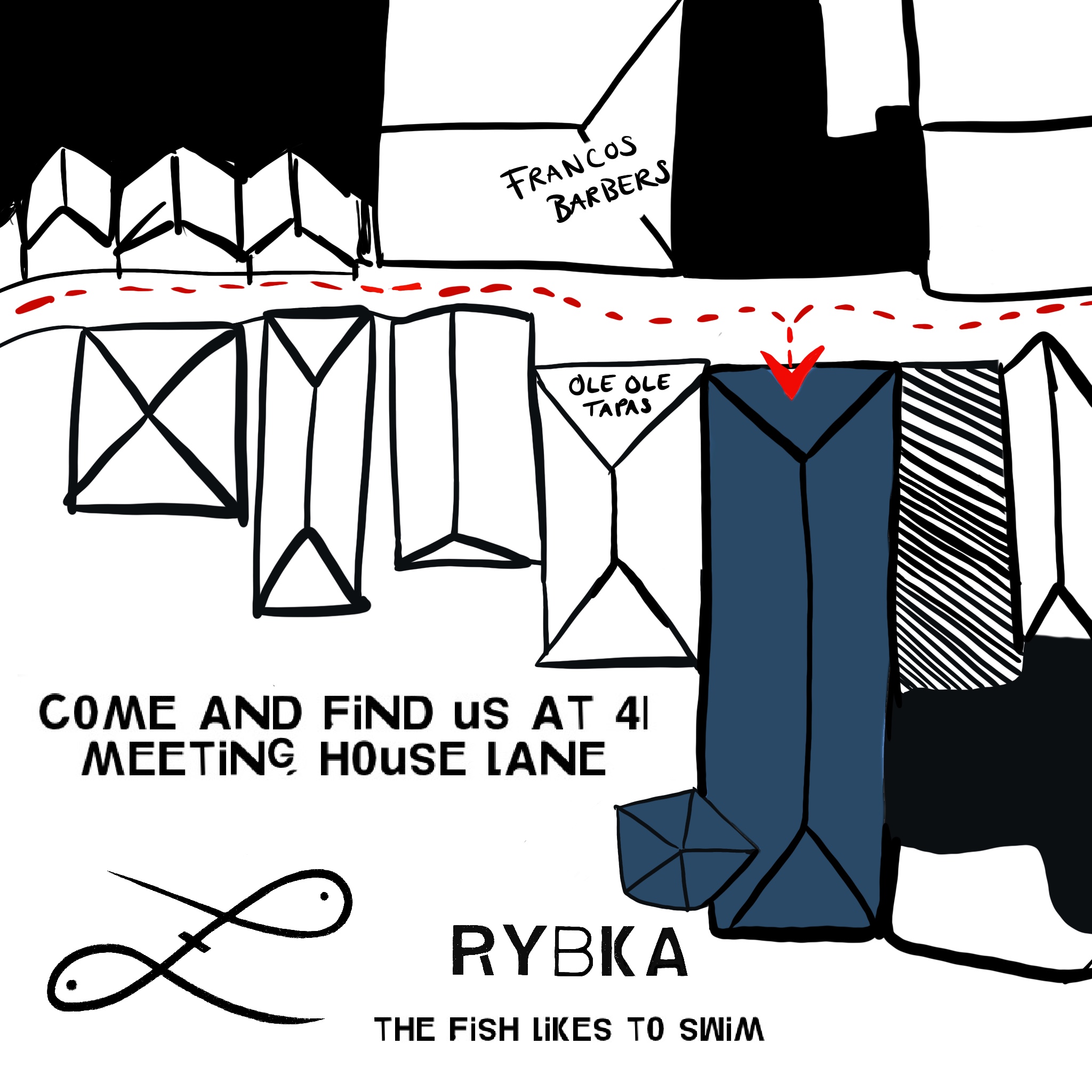 Illustrated street map artwork showing Meeting House Lane and nearby Brighton Lanes landmarks