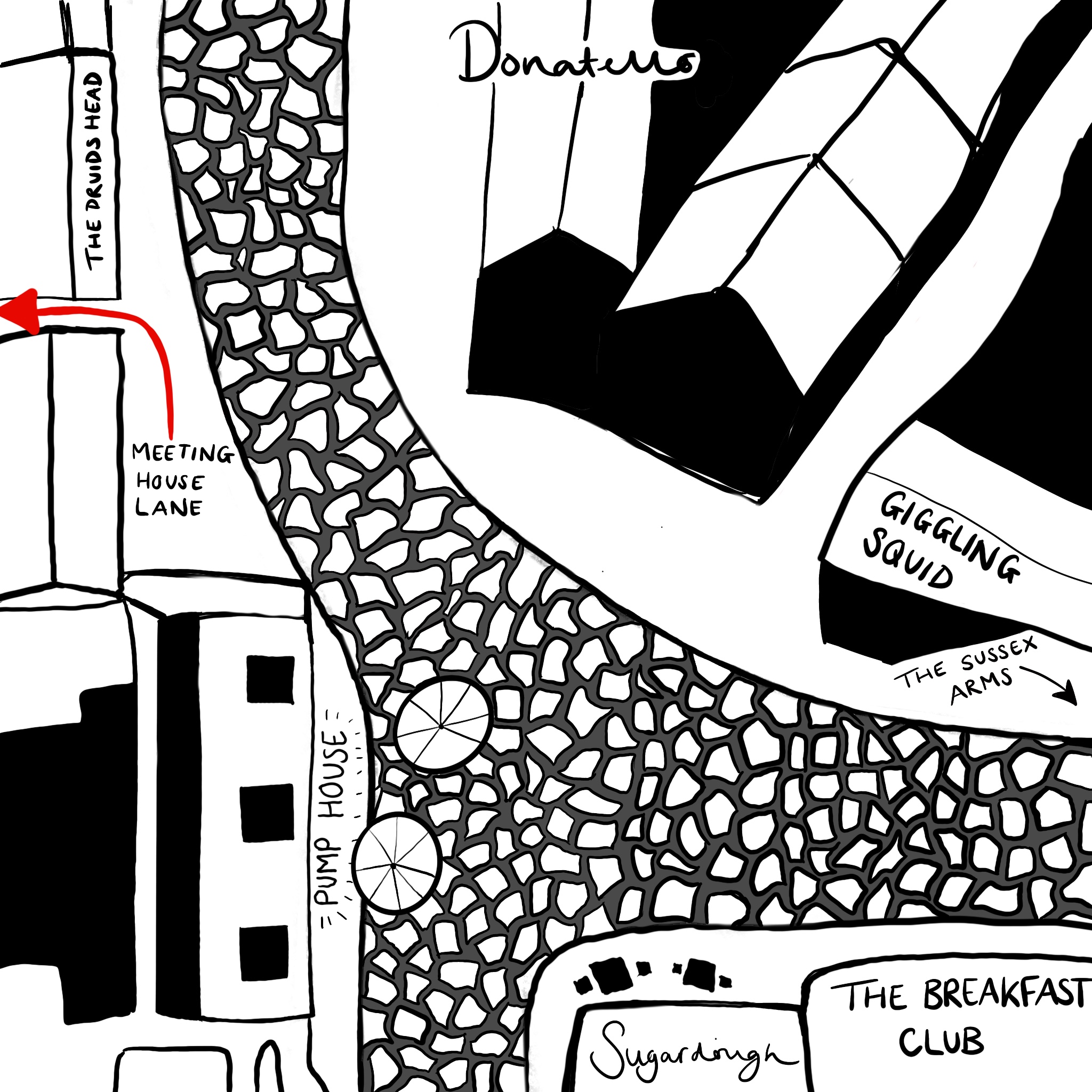 Illustrated route map to Rybka at 41 Meeting House Lane